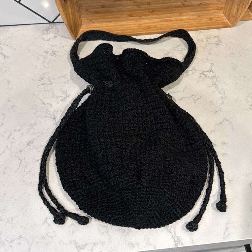 Happy & Free black crochet drawstring bag coastal beach hippie bohemian festival